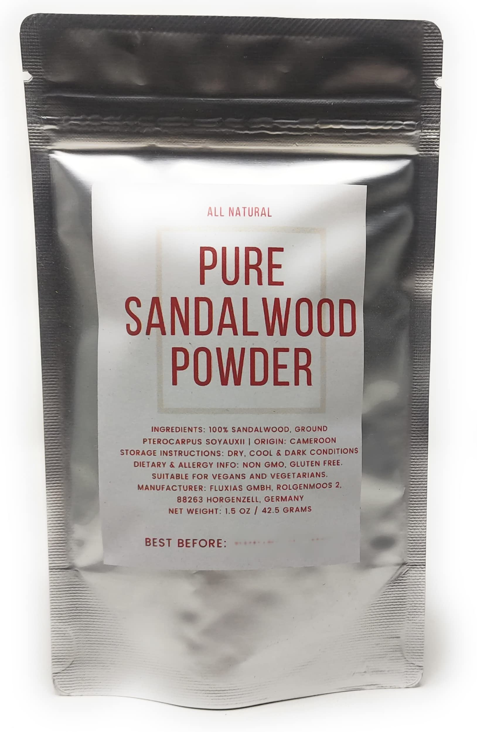 Naturegrail 100% red sandalwood powder label close-up on packaging