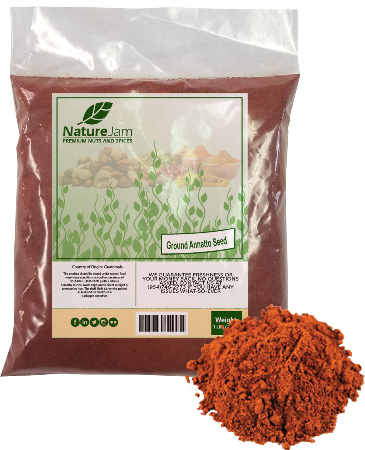 Naturejam ground annatto seed powder in a 1 lb bulk bag for cooking