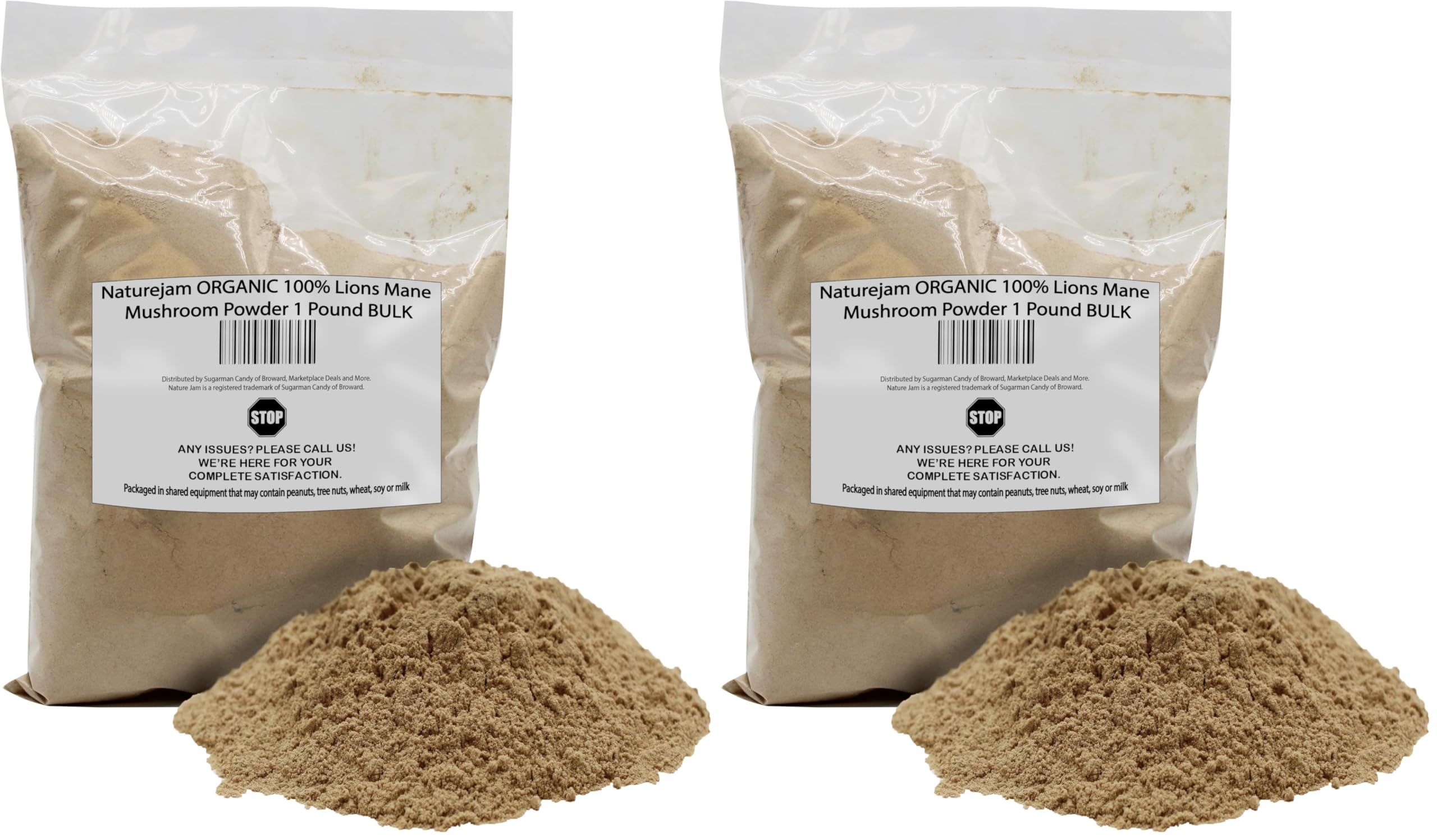 Naturejam Lions Mane powder packaging front shows premium, organic powder.