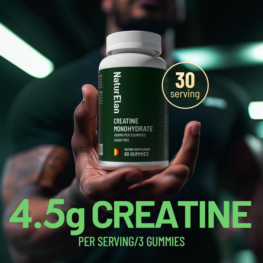 NaturElan Creatine Monohydrate Gummies 3-gummy dose shows 4500mg; supports heavier lifts.