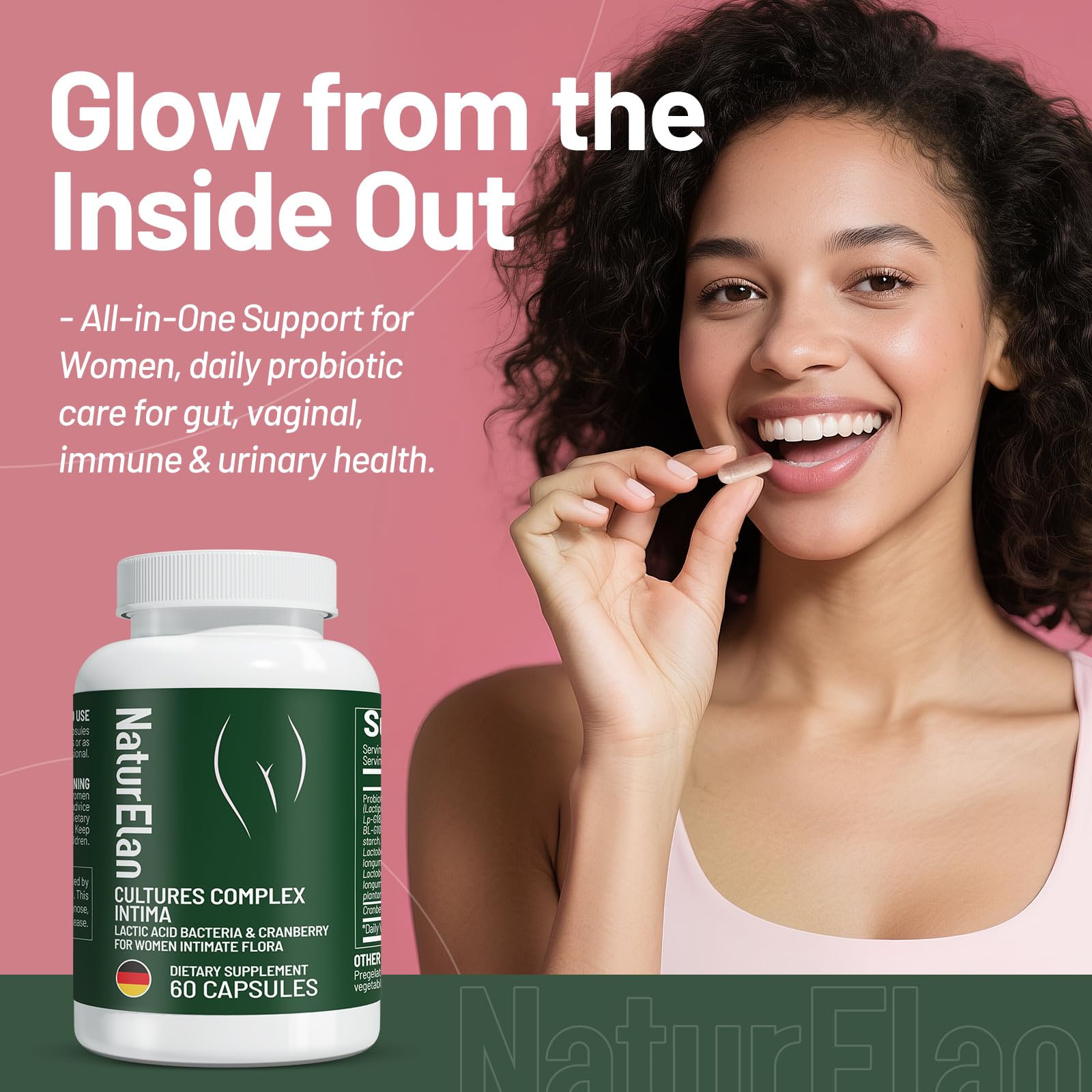 NaturElan Probiotics bottle label indicating vegan, gluten-free formula