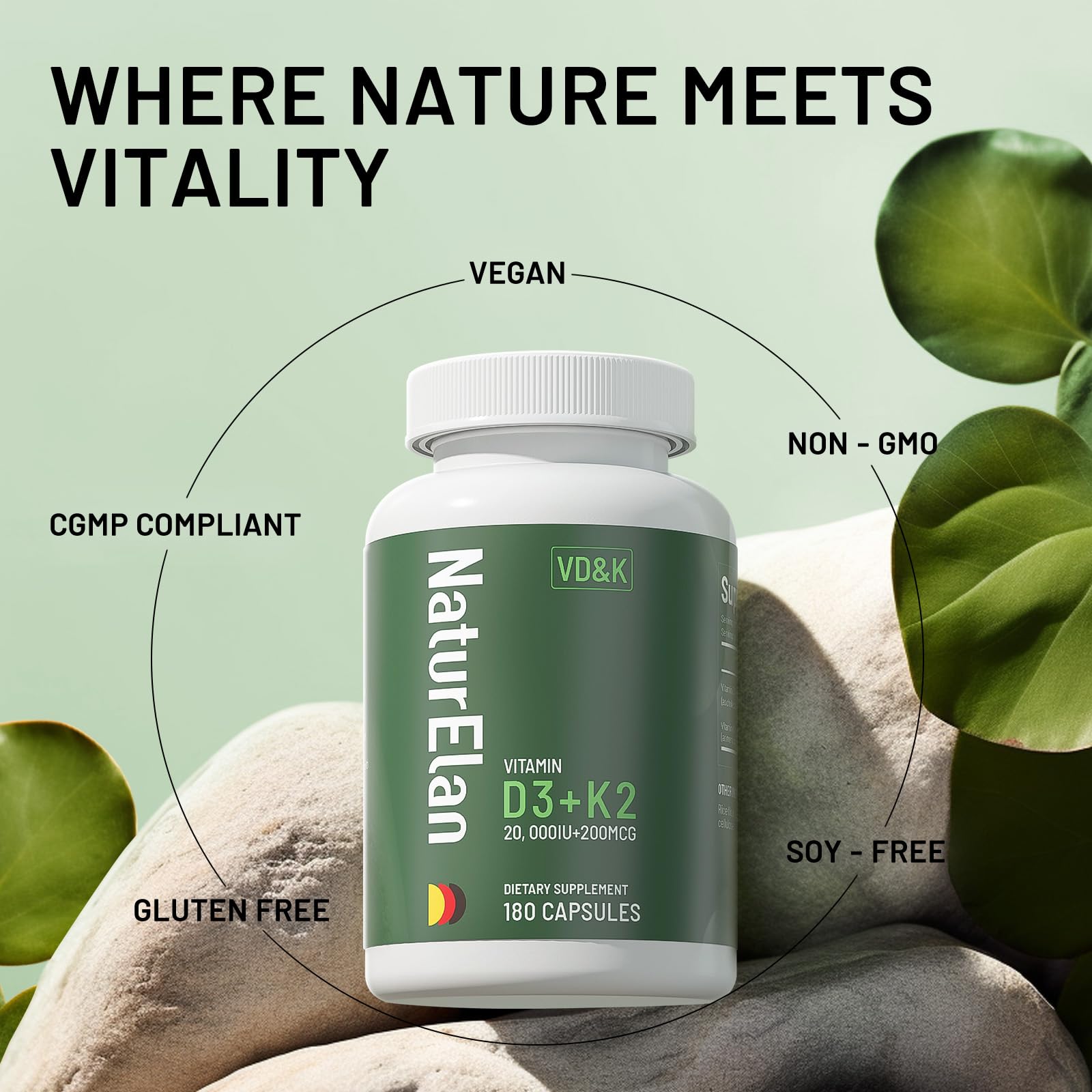 NaturElan Vitamin D3 K2 bottle flatlay conveys a long-term 180-day supply