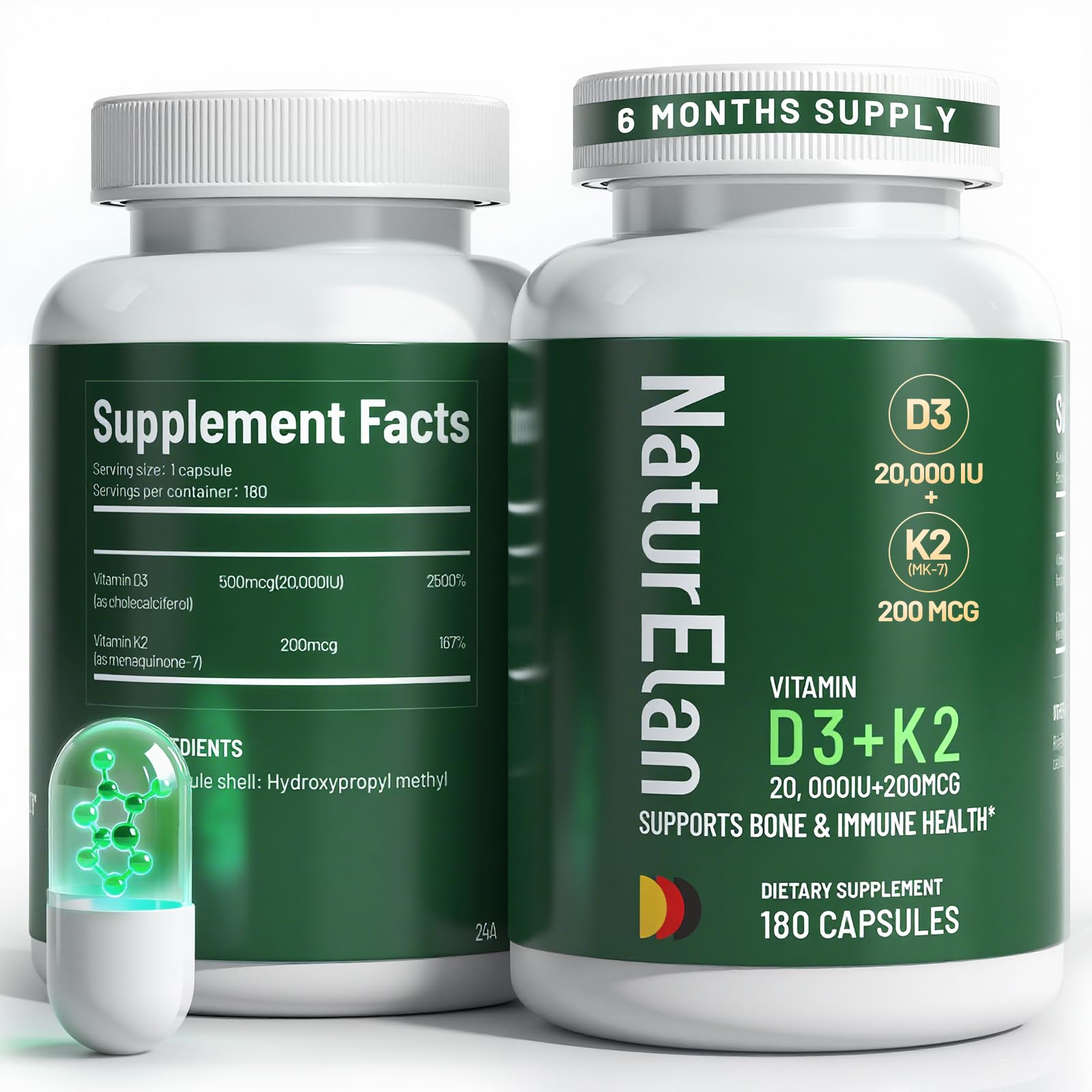 NaturElan Vitamin D3 K2 bottle highlighting high-dose formula for bone and immune support