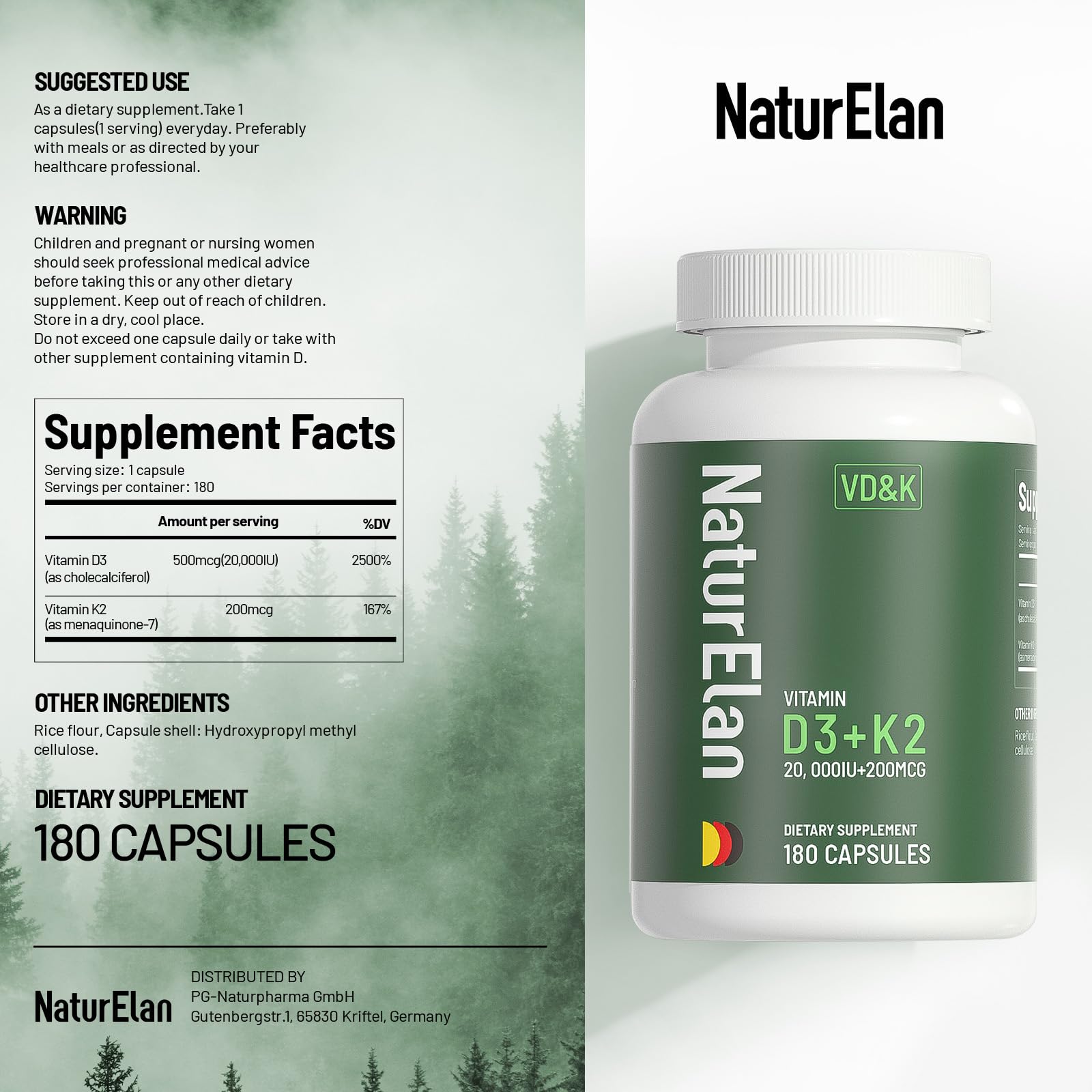 NaturElan Vitamin D3 K2 vegan, non-GMO, gluten-free attributes on packaging