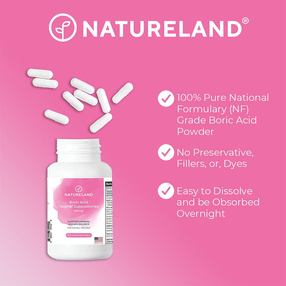 Natureland boric acid vaginal suppositories box closeup highlights us-made quality