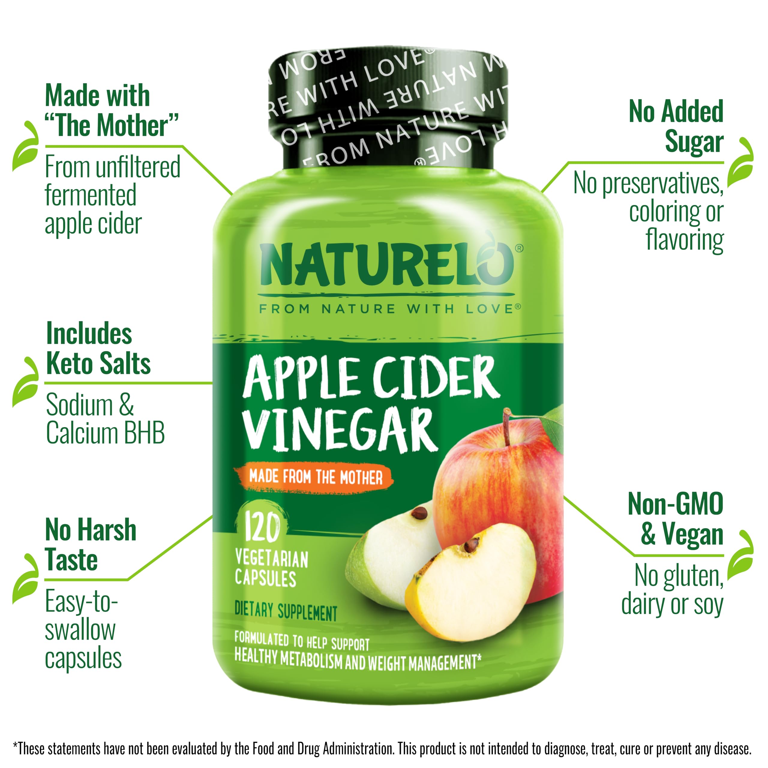 Naturelo ACV capsules closeup highlights clean ingredients and easy-to-swallow design.