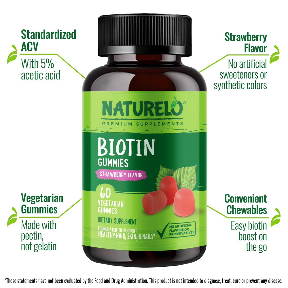 Naturelo Biotin Gummies ingredient panel highlights clean, gluten-free formula for purity.