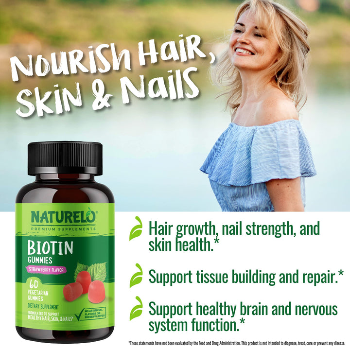 Naturelo Biotin Gummies packaging emphasizes non-GMO quality and premium ingredients.