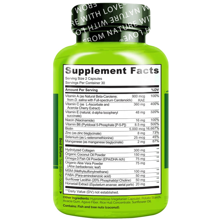 NATURELO bottle label showing 60 capsules for daily routine.
