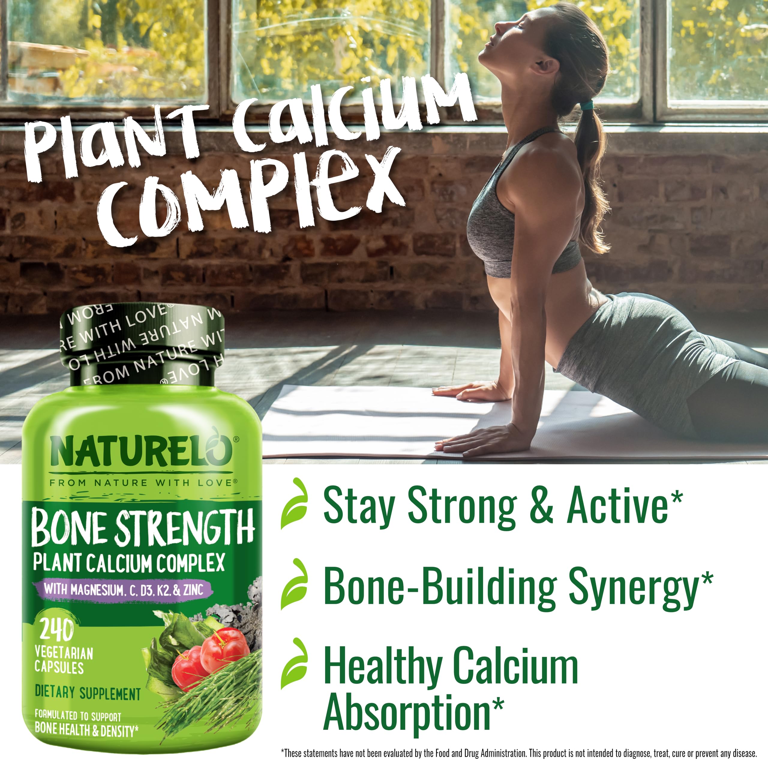 Naturelo calcium bottle pour demonstrates easy daily capsule for absorption.