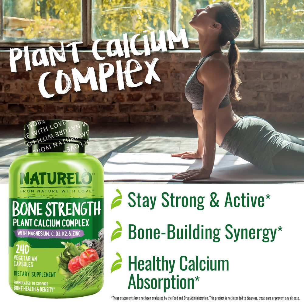 Naturelo calcium bottle pour demonstrates easy daily capsule for absorption.