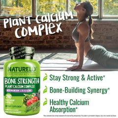 Naturelo calcium bottle pour demonstrates easy daily capsule for absorption.