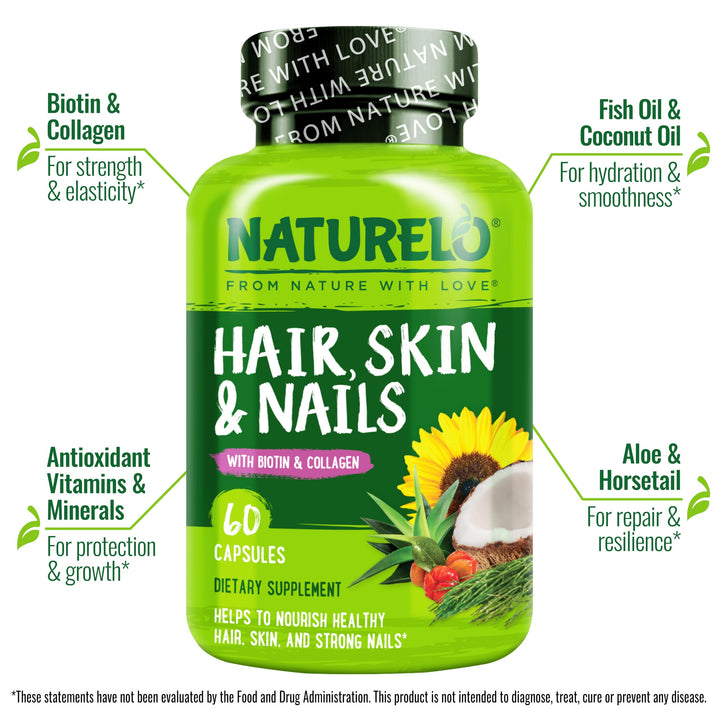 NATURELO capsule close-up showing biotin-collagen blend for healthy hair.