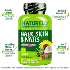 NATURELO capsule close-up showing biotin-collagen blend for healthy hair.