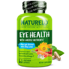Naturelo Eye Vitamins AREDS2 bottle promotes daily eye health support.