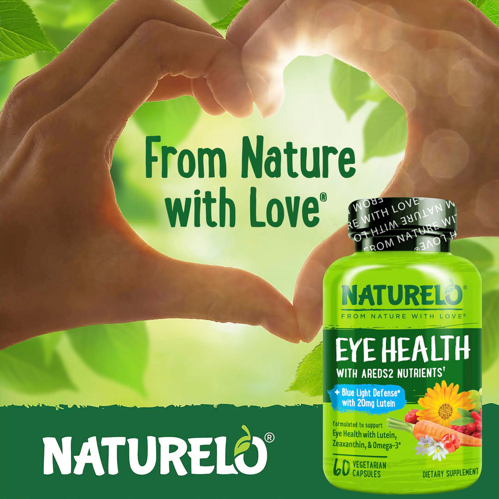 Naturelo Eye Vitamins grape seed, eyebright, and goji extracts highlight herbal eye support.