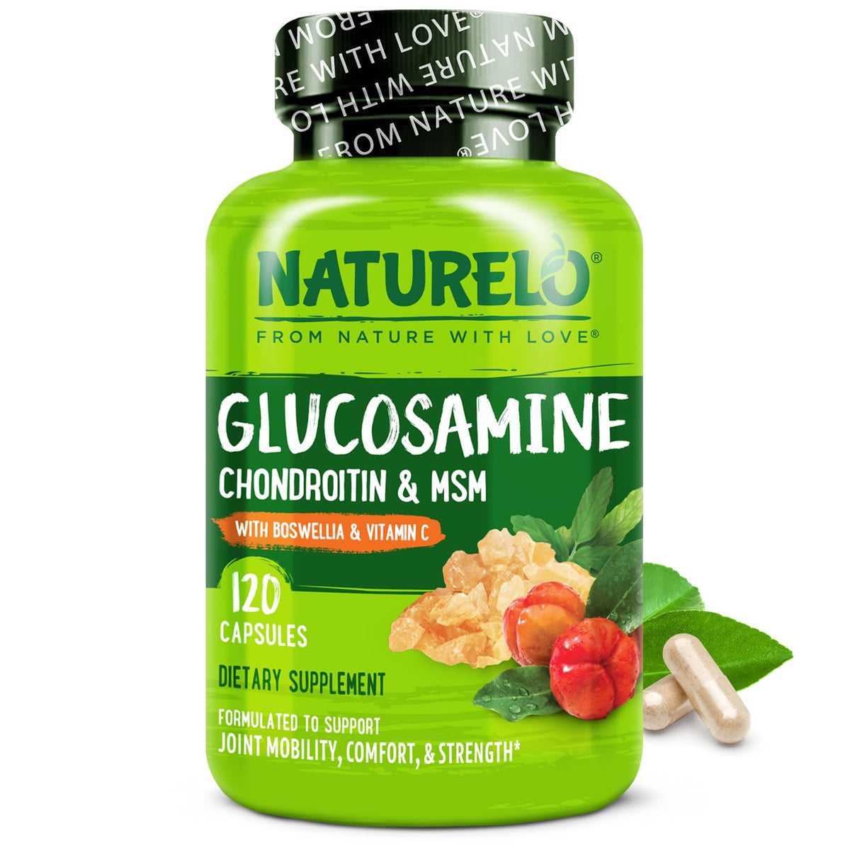 Naturelo glucosamine chondroitin MSM bottle promoting joint support for daily mobility.
