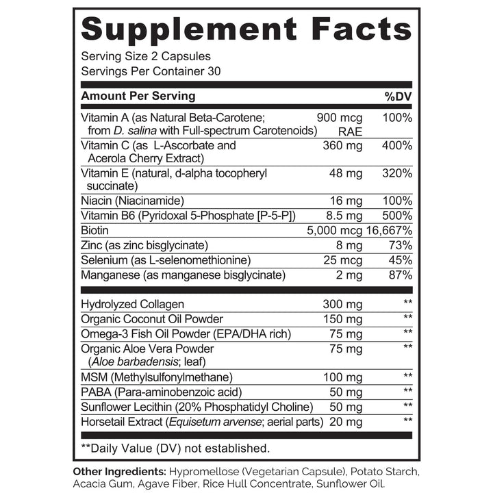 NATURELO ingredients panel highlighting MSM, omega-3s for skin and nails.