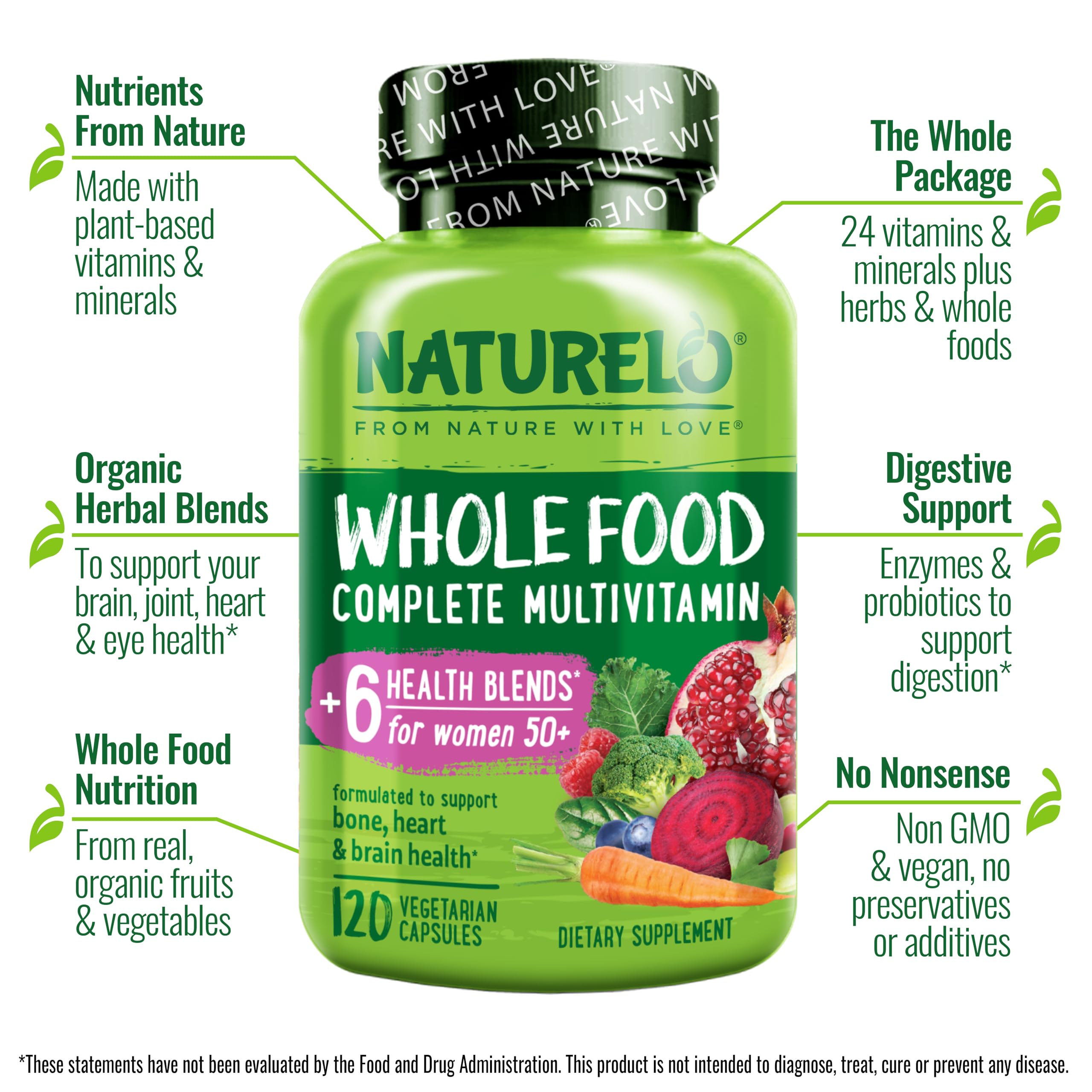 NATURELO iron-free multivitamin capsules for women 50+ easy to swallow vegan capsules