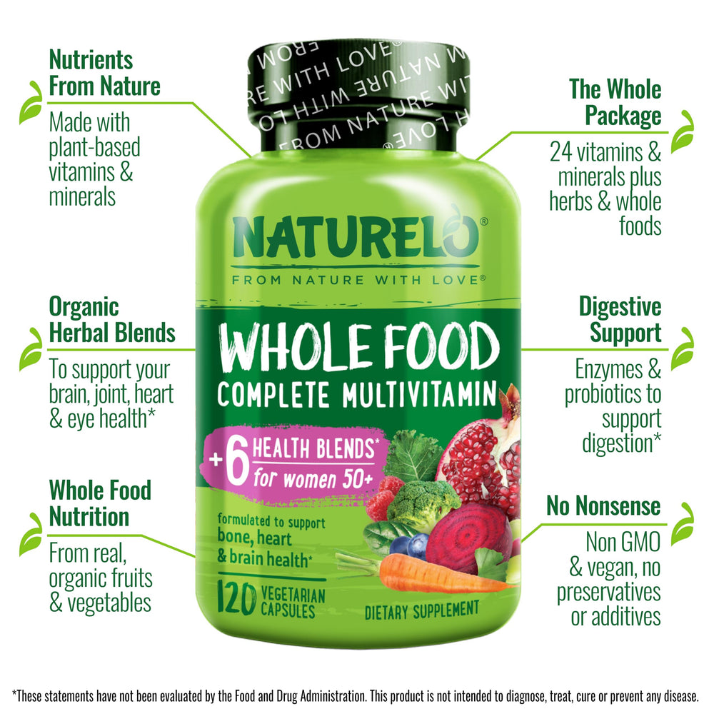 NATURELO iron-free multivitamin capsules for women 50+ easy to swallow vegan capsules