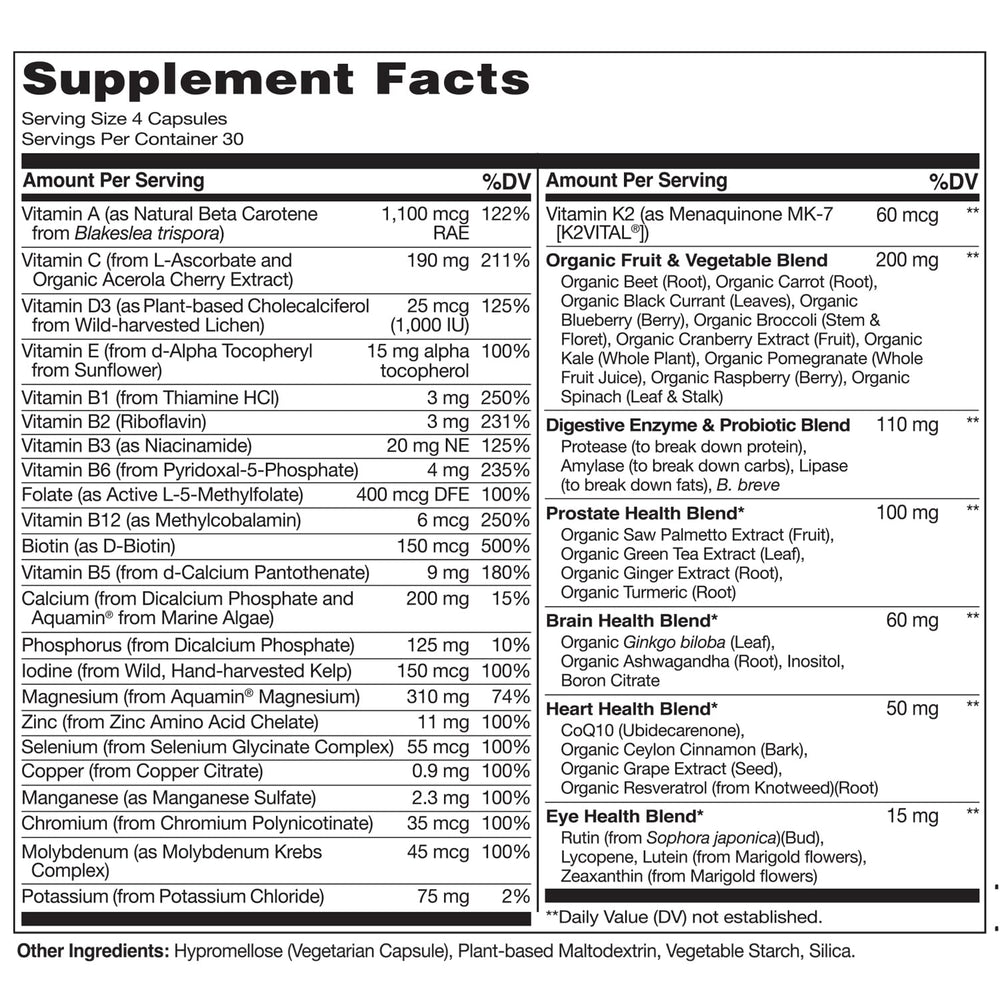 Naturelo multivitamin ingredients label shows organic fruits and minerals.