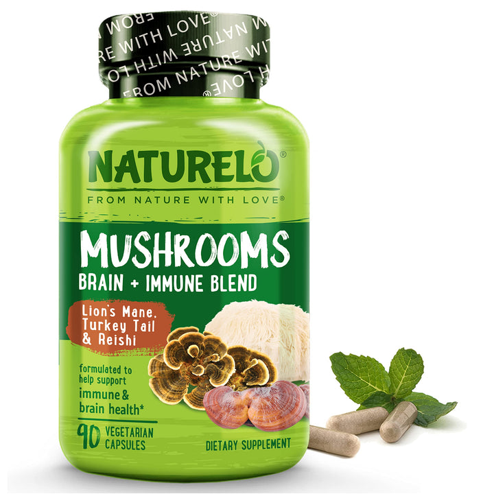 Naturelo mushroom supplement bottle front illustrates immune and brain support potential.
