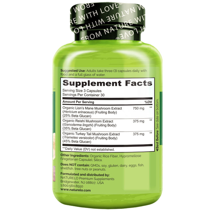 Naturelo bottle side view emphasizes compact packaging and a 90-count capsule supply.