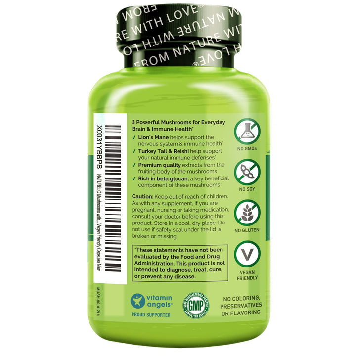Naturelo capsules closeup highlights vegan formula and essential mushroom blend for daily wellness.