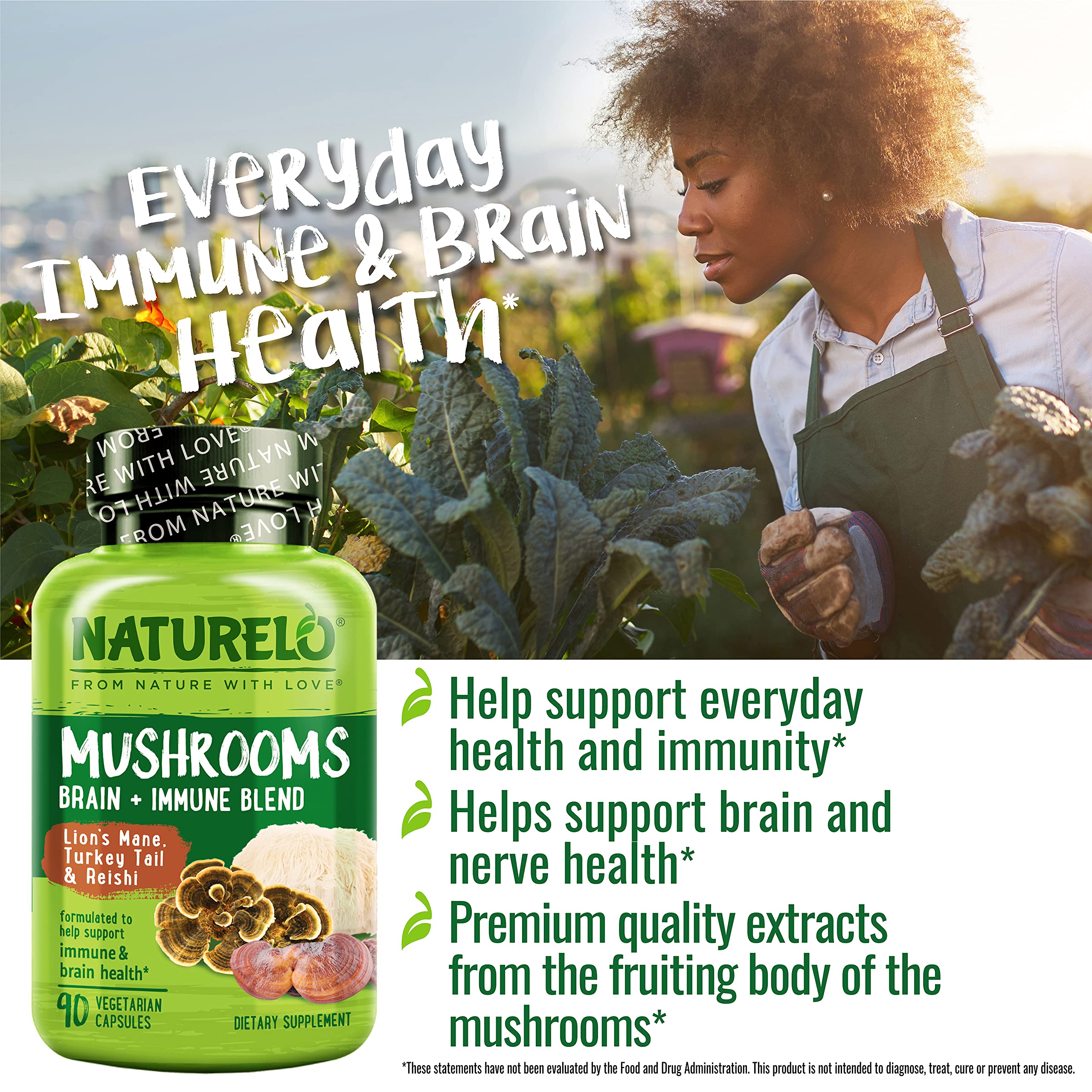 Naturelo organic mushrooms label showcases Lion’s Mane, Reishi, and Turkey Tail.