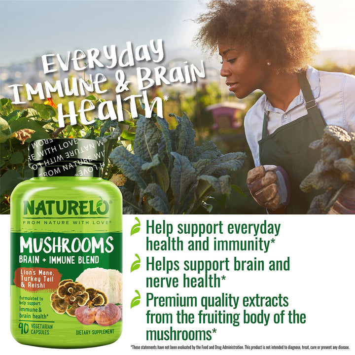 Naturelo organic mushrooms label showcases Lion’s Mane, Reishi, and Turkey Tail.