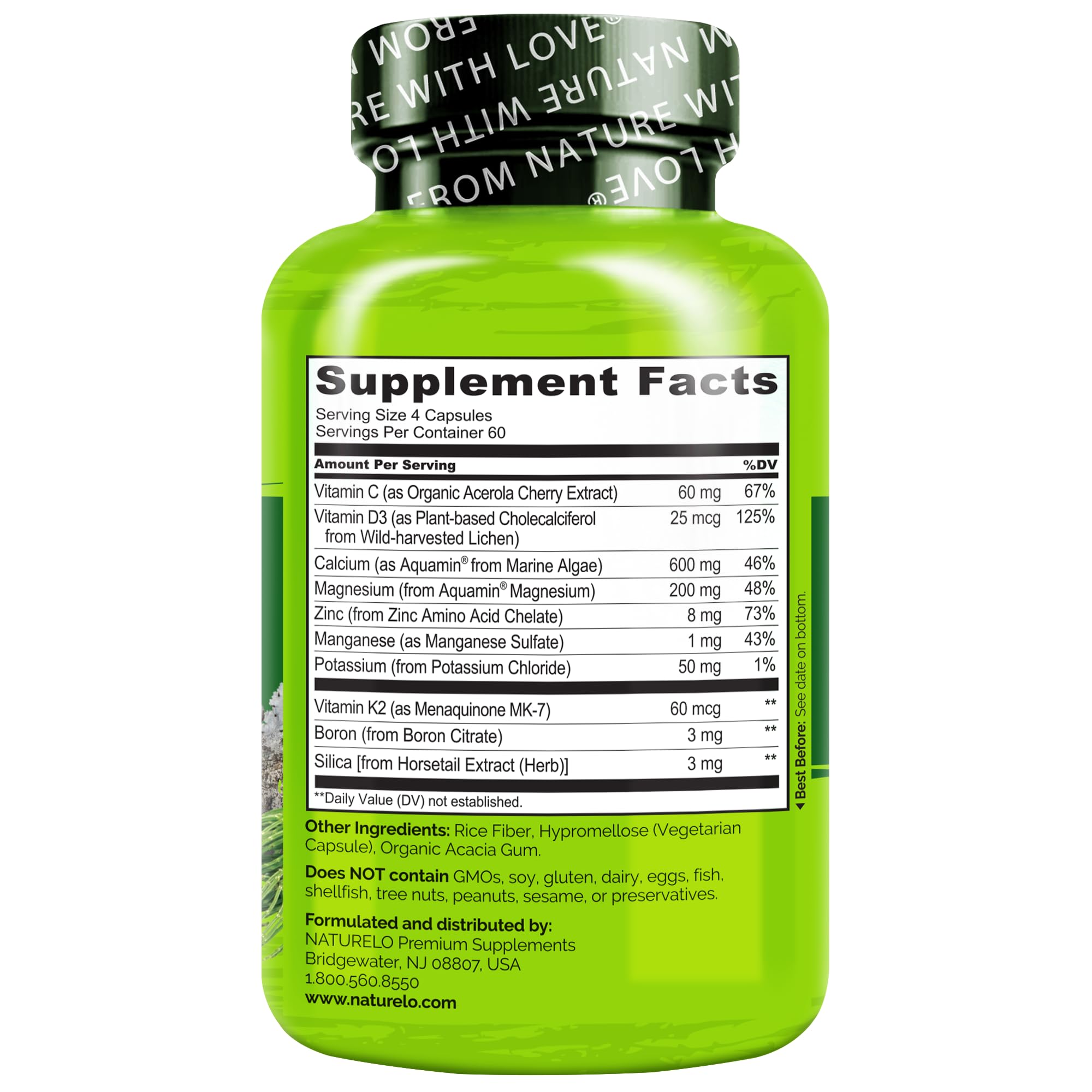 Naturelo badge highlights Non-GMO, soy-free, gluten-free formula for clean nutrition.