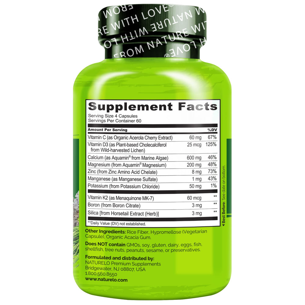 Naturelo badge highlights Non-GMO, soy-free, gluten-free formula for clean nutrition.