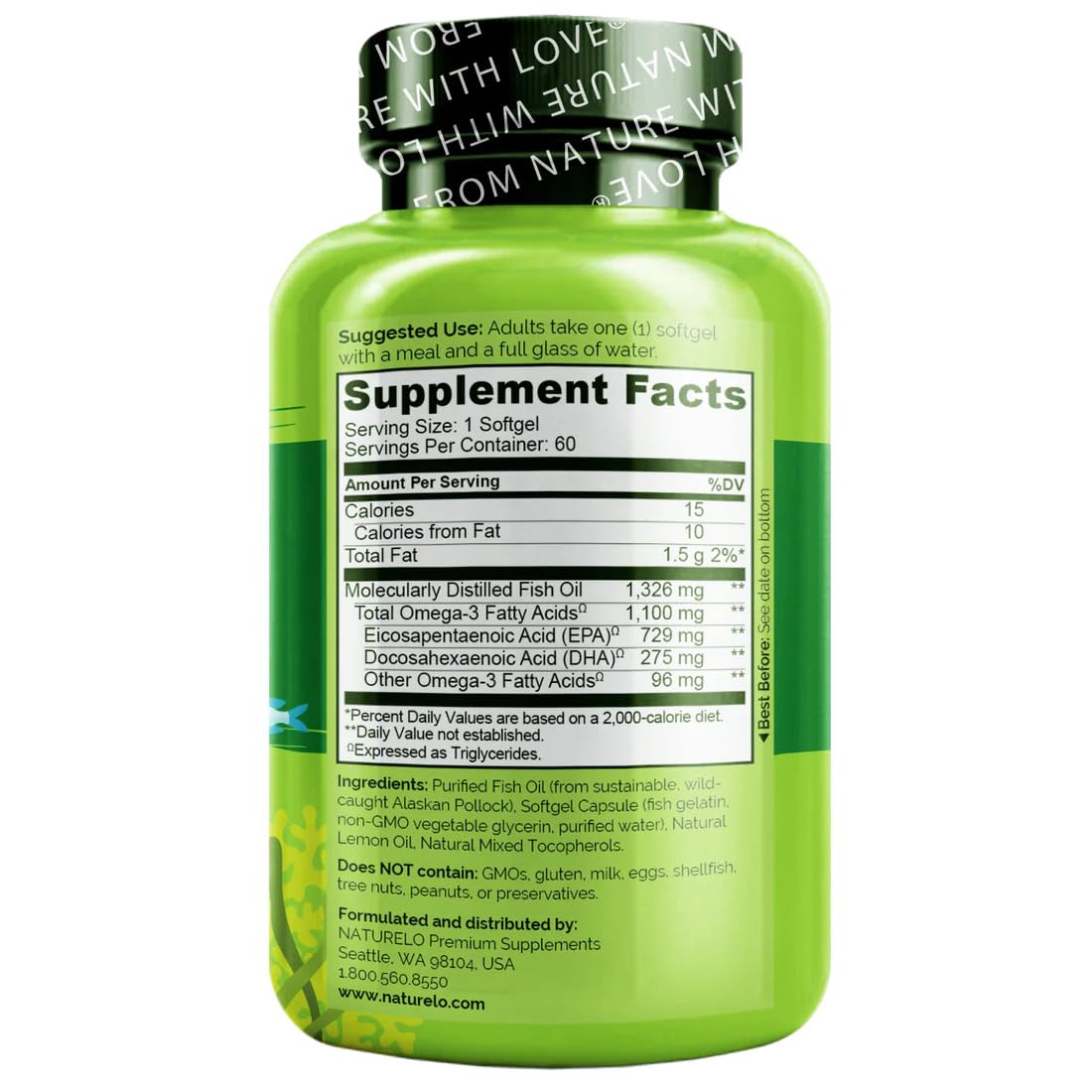 Naturelo omega-3 softgels closeup demonstrates easy swallow and high absorption.