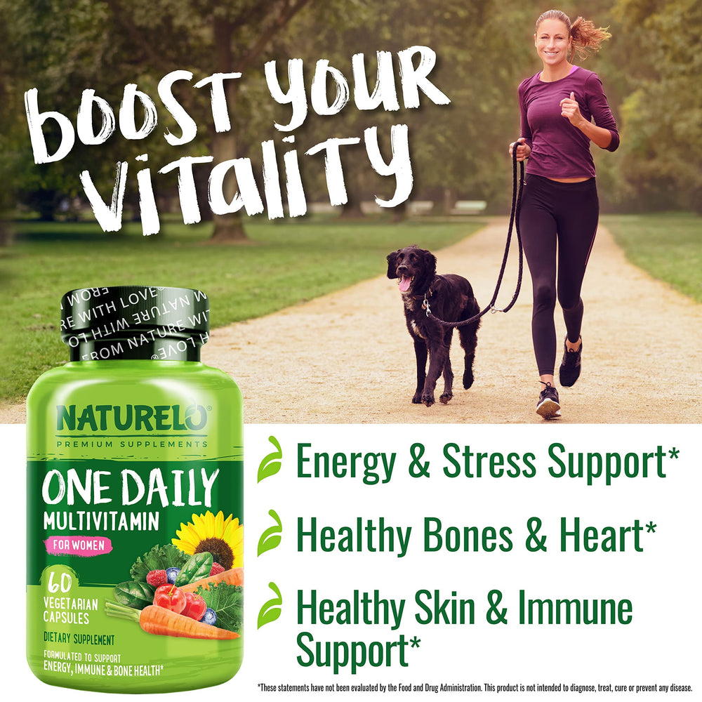 NATURELO One Daily Multivitamin para mujeres, imagen de producto para energía sostenida.