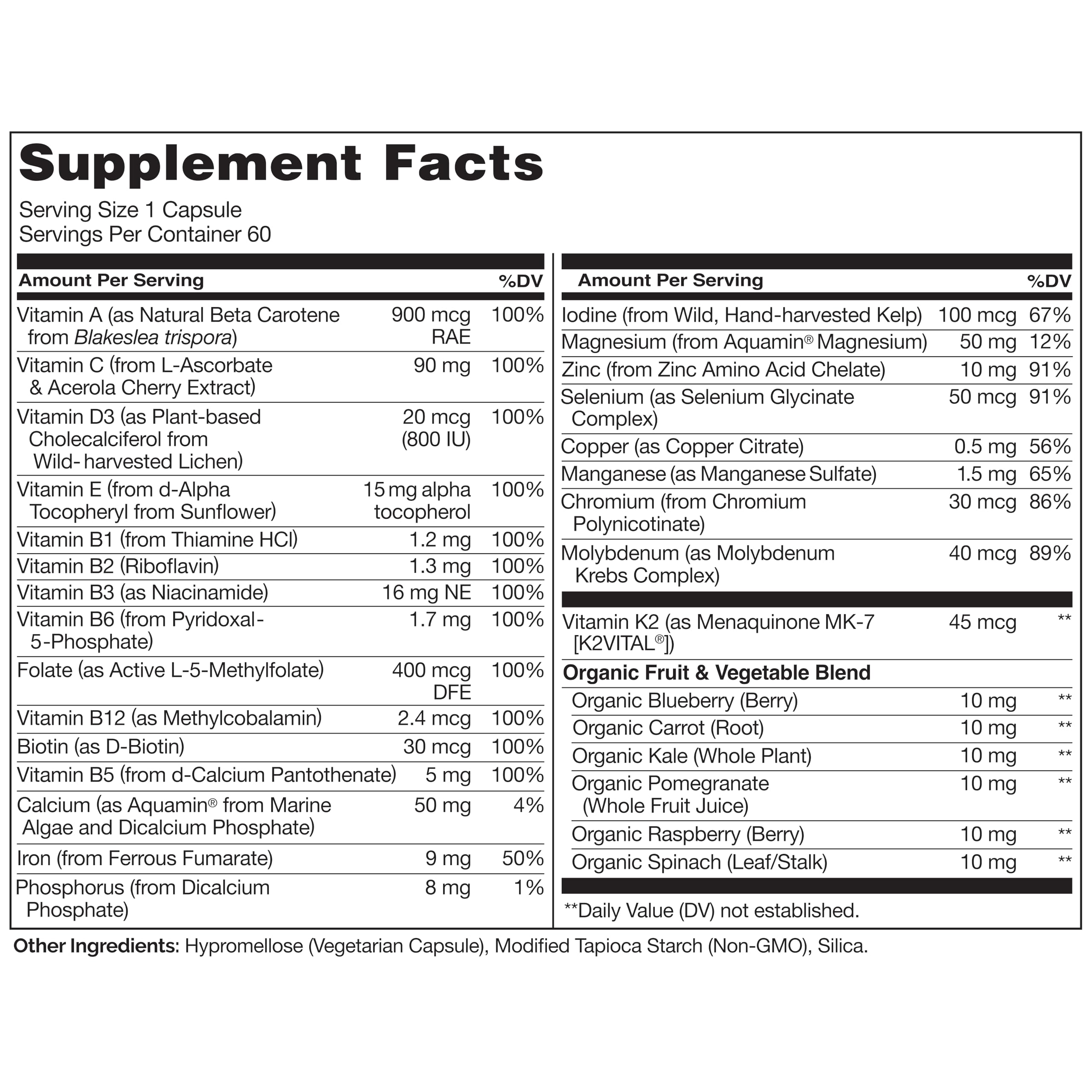 NATURELO One Daily Multivitamin para mujeres, etiqueta con ingredientes orgánicos para antioxidantes.