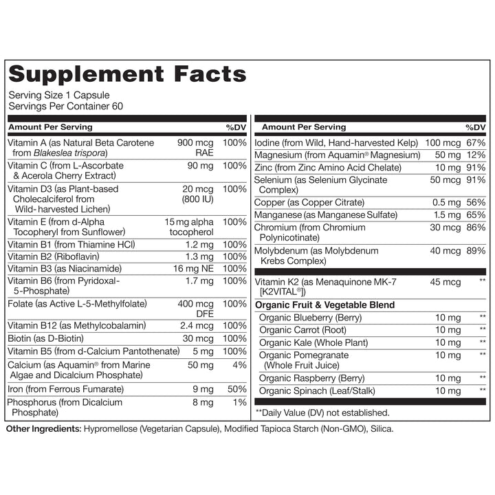 NATURELO One Daily Multivitamin para mujeres, etiqueta con ingredientes orgánicos para antioxidantes.