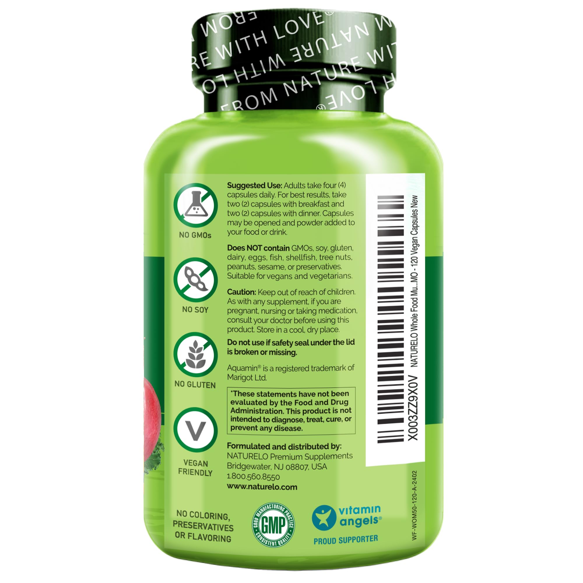 Naturelo organic extracts bottle close-up emphasizes joints and eye health support
