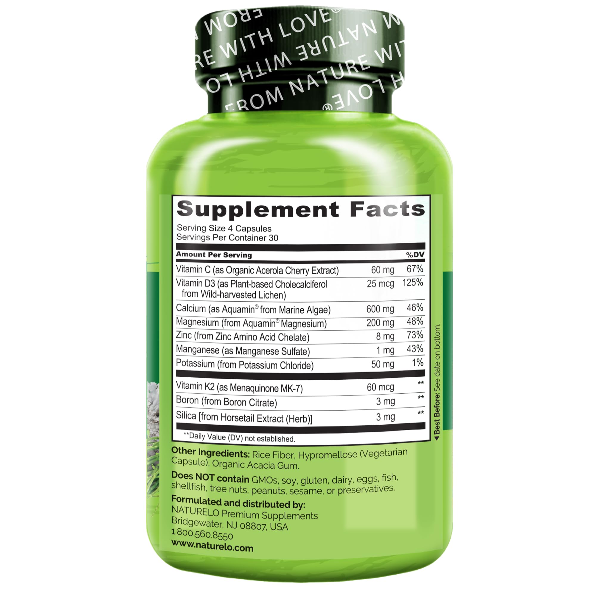 NATURELO plant-based bone support capsules in vegan packaging.