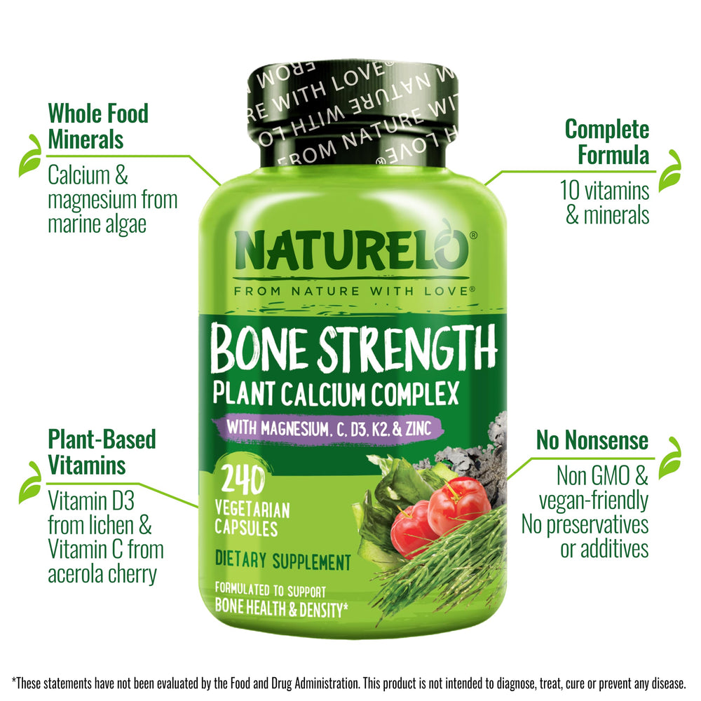 Naturelo plant-based ingredients collage emphasizes clean, vegan calcium sources.