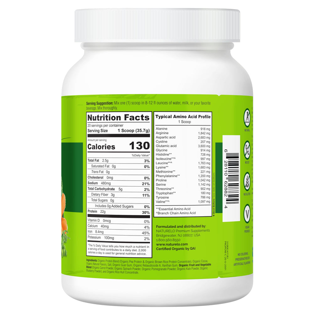 Naturelo chocolate plant protein shake in glass with creamy texture.