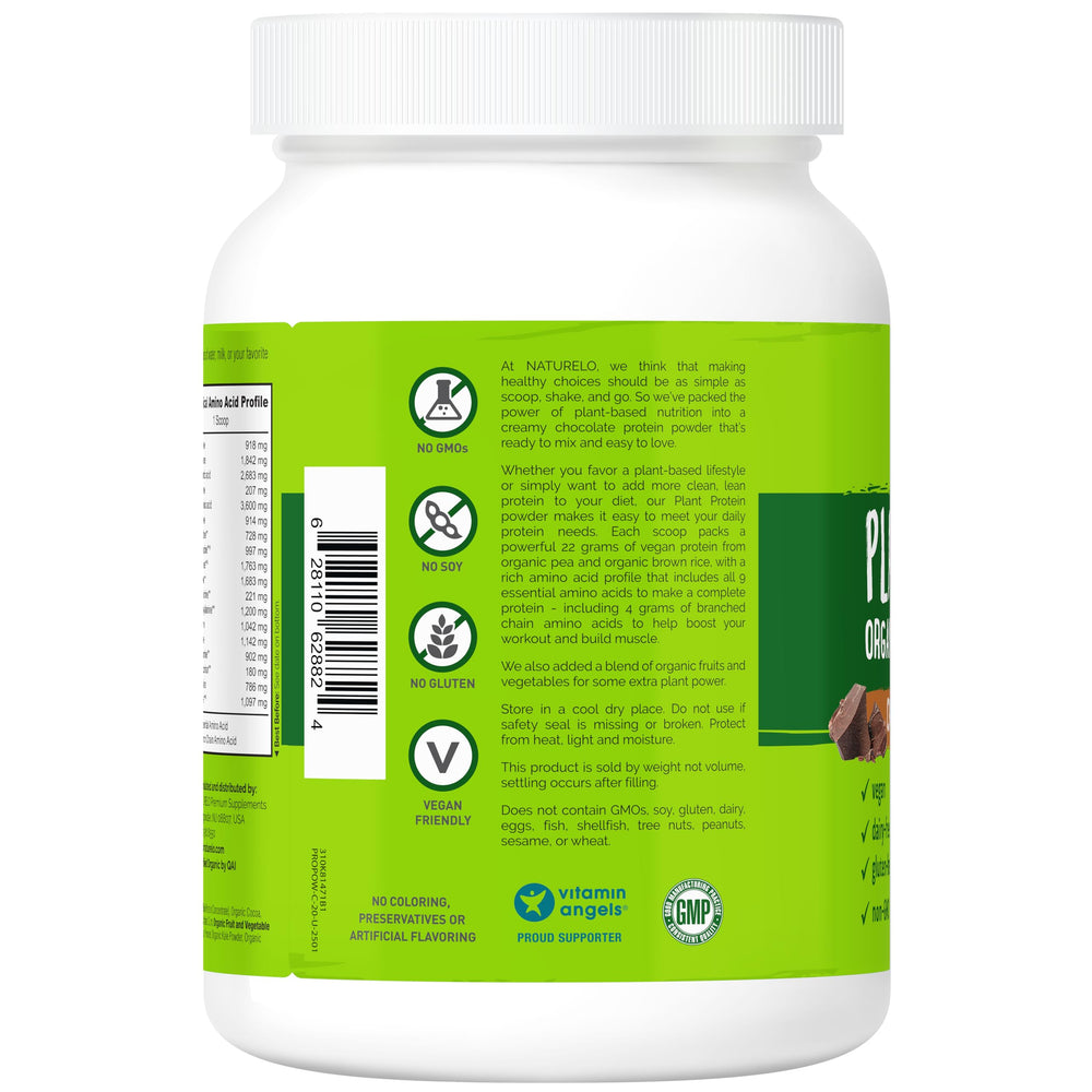 Naturelo ingredients panel highlighting organic pea and brown rice protein.