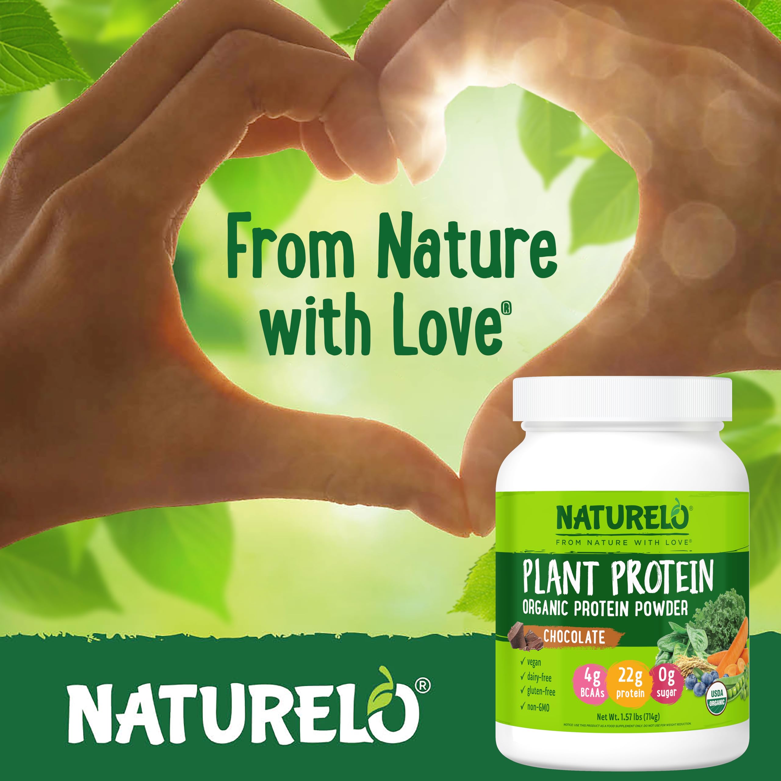 Naturelo Plant Protein Powder Chocolate measuring scoop ready to mix.