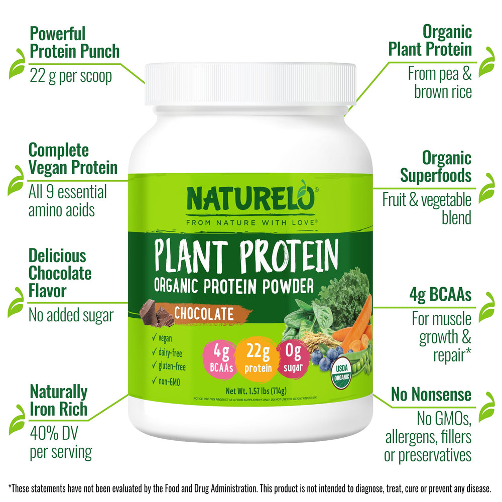 Naturelo Plant Protein Powder Chocolate scoop showing a 22g serving.