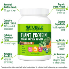 Naturelo Plant Protein Powder Chocolate scoop showing a 22g serving.