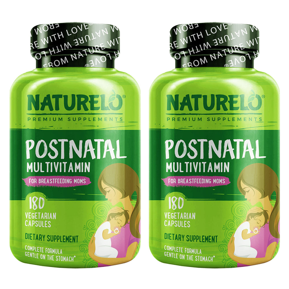 Naturelo Postnatal Multivitamin bottle front showing plant-based nutrients for nursing moms.