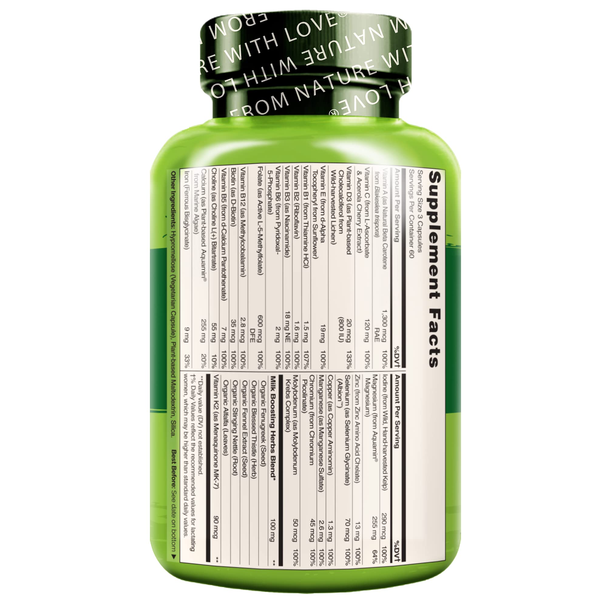 Naturelo Postnatal Multivitamin capsules close-up highlighting easy-to-swallow formula for lactation support.