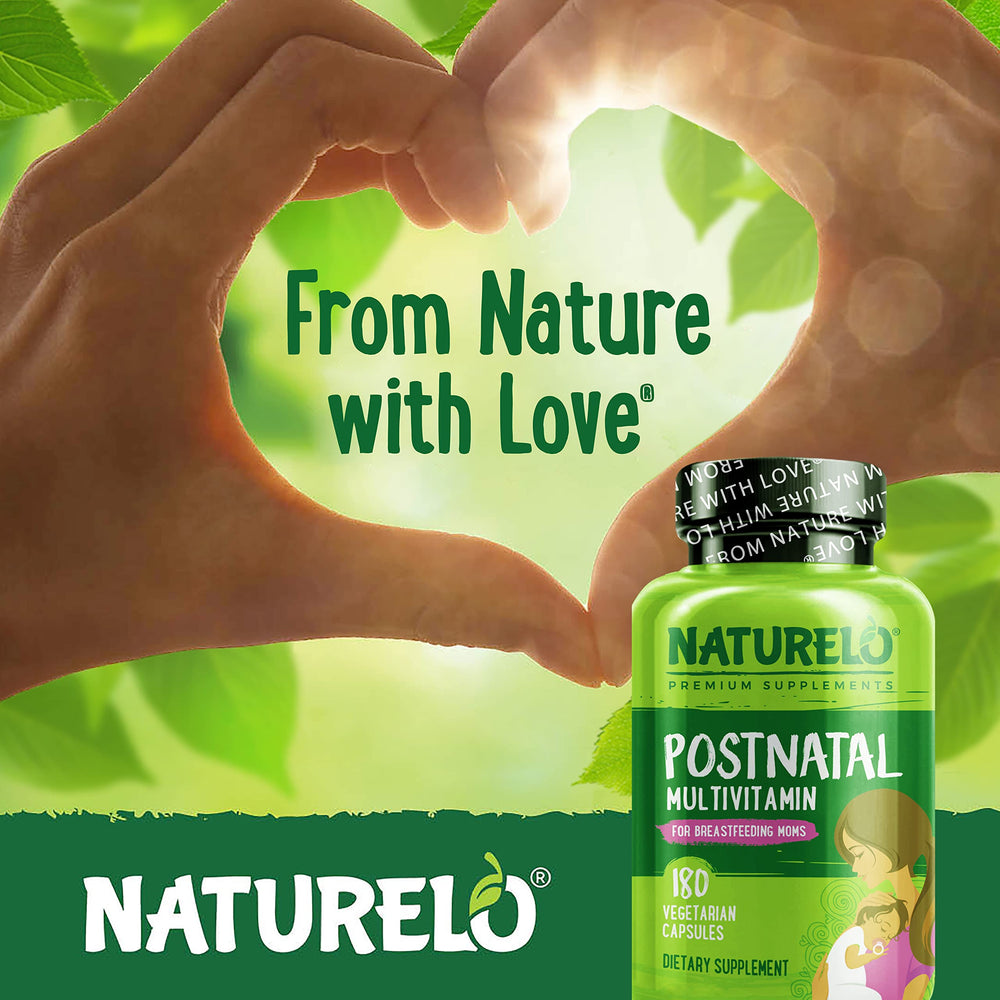 Naturelo Postnatal Multivitamin clean-label packaging emphasizing vegan and non-GMO