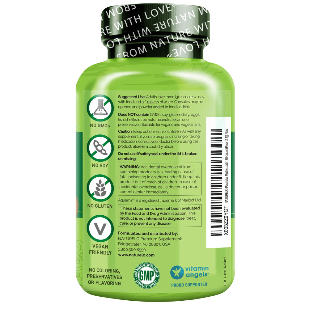 Naturelo Postnatal Multivitamin capsules, easy to swallow and gentle on the stomach