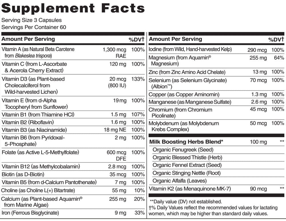 Naturelo Postnatal Multivitamin label details highlighting plant-based ingredients and key nutrients.