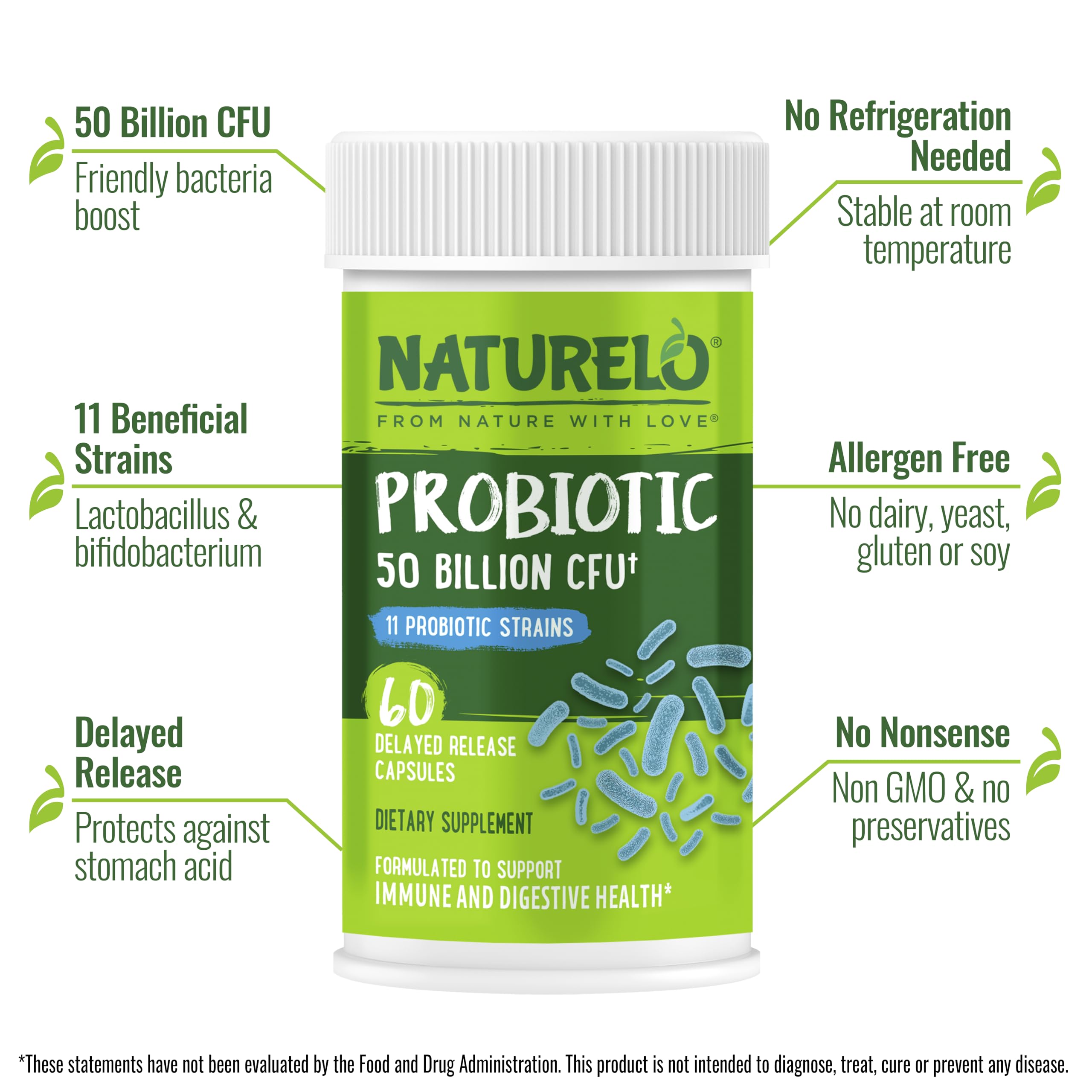 Naturelo Probiotics 11-strains graphic highlights diverse bacteria for digestive health.